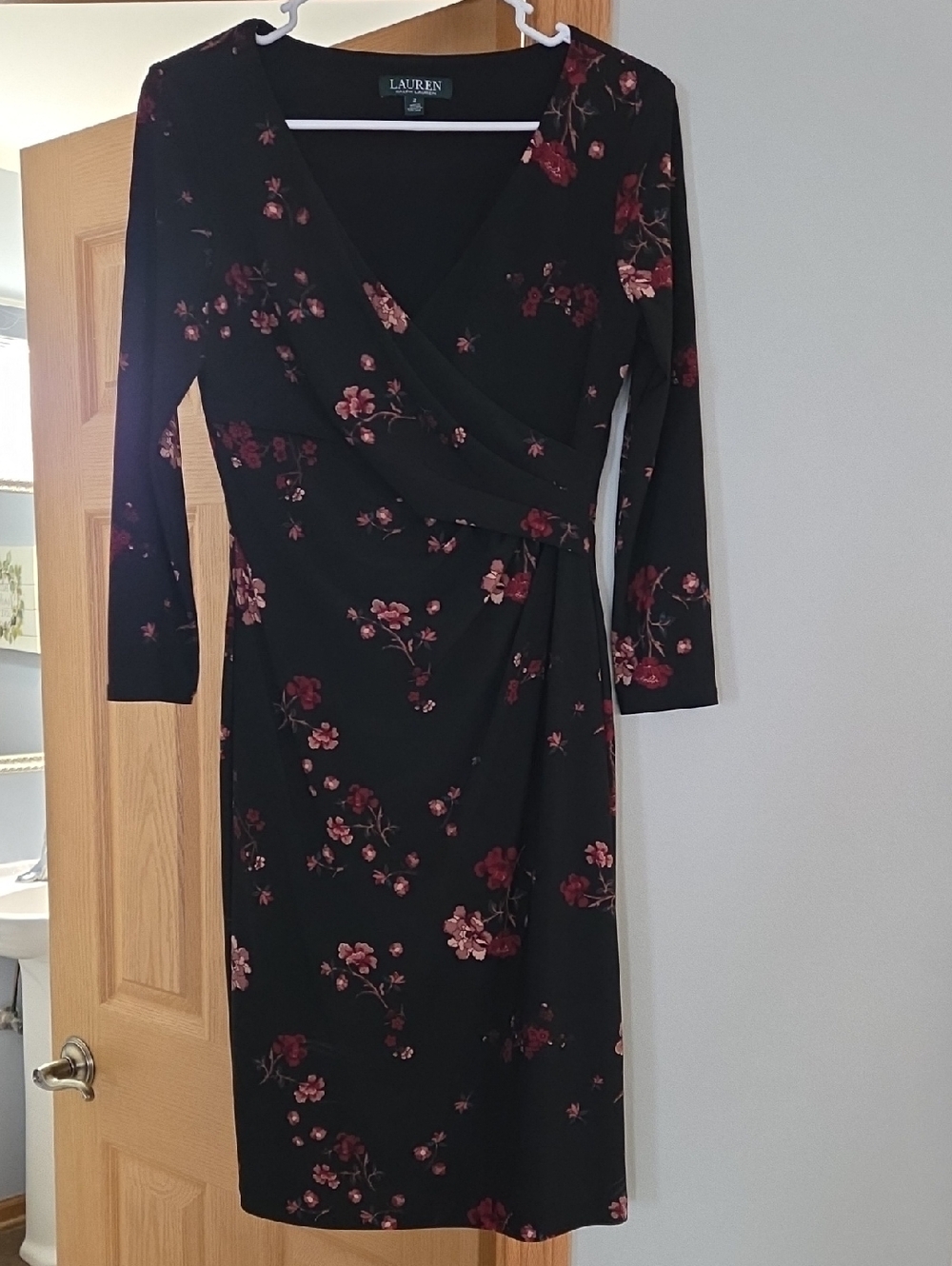 Lauren Ralph Lauren Black Floral Wrap Dress with Red Blossoms